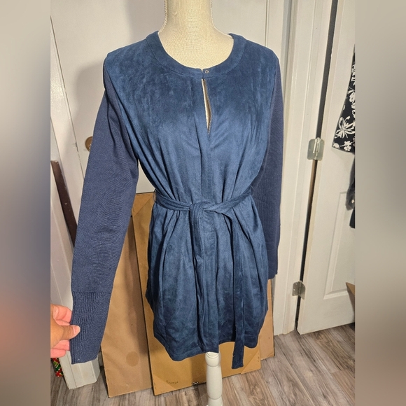 H By Halston Faux Suede Jacket W/Sweater Sleeves BLUE Sz 10 - Picture 7 of 11